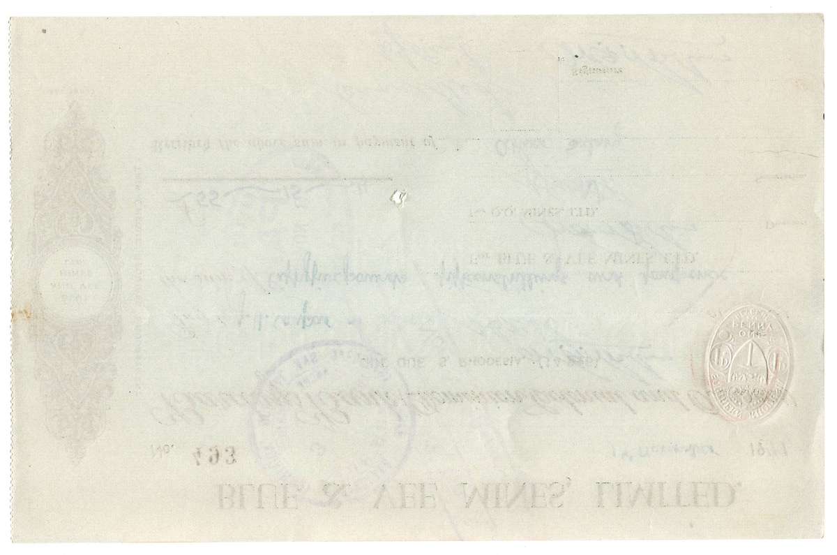 1941 Southern Rhodesia, Barclays Bank - Blue & Vee Mines, Limited Cheque issued for £55 and 15 Shili