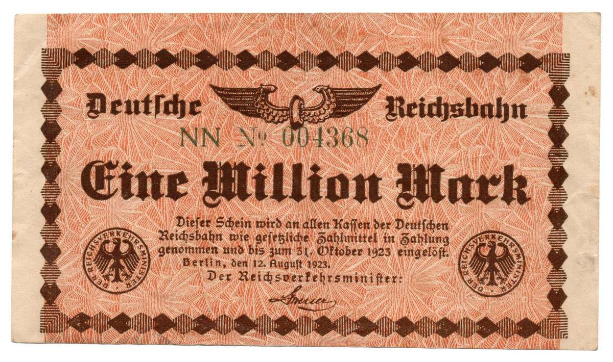 1923 German Berlin Reichsbanknote 1 Million Mark Low Serial "004368"