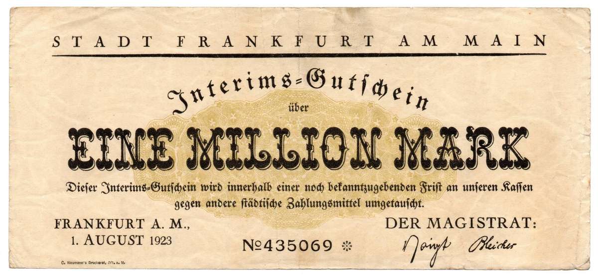 1923 German City of Frankfurt (Prussian province of Hesse-Nassau) 1 Million Mark, Town Issue, Star N