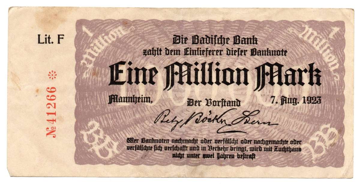 1923 German Mannheim Federal state of Baden, Badische Bank 1 Million Mark, Town Issue, Star Note (Re