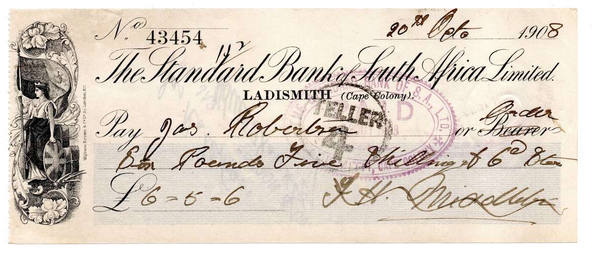 1908 The Standard Bank of South Africa Limited Ladismith (Cape Colony) Cheque, 6 Pounds 5 Shilling 6