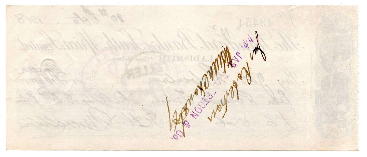 1908 The Standard Bank of South Africa Limited Ladismith (Cape Colony) Cheque, 6 Pounds 5 Shilling 6