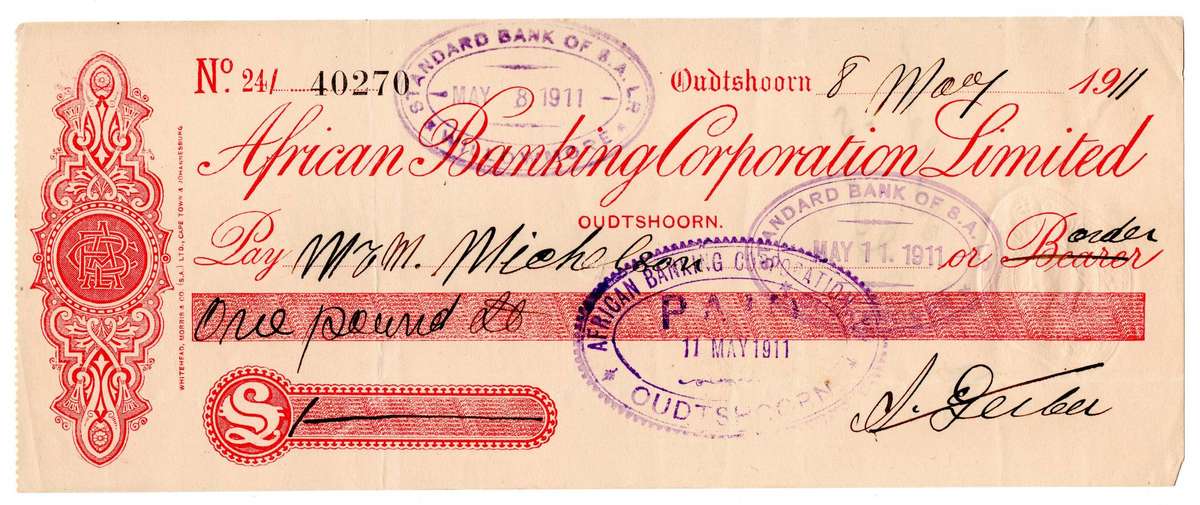 1911 African Banking Corporation Limited Cheque Oudtshoorn, 1 Pound