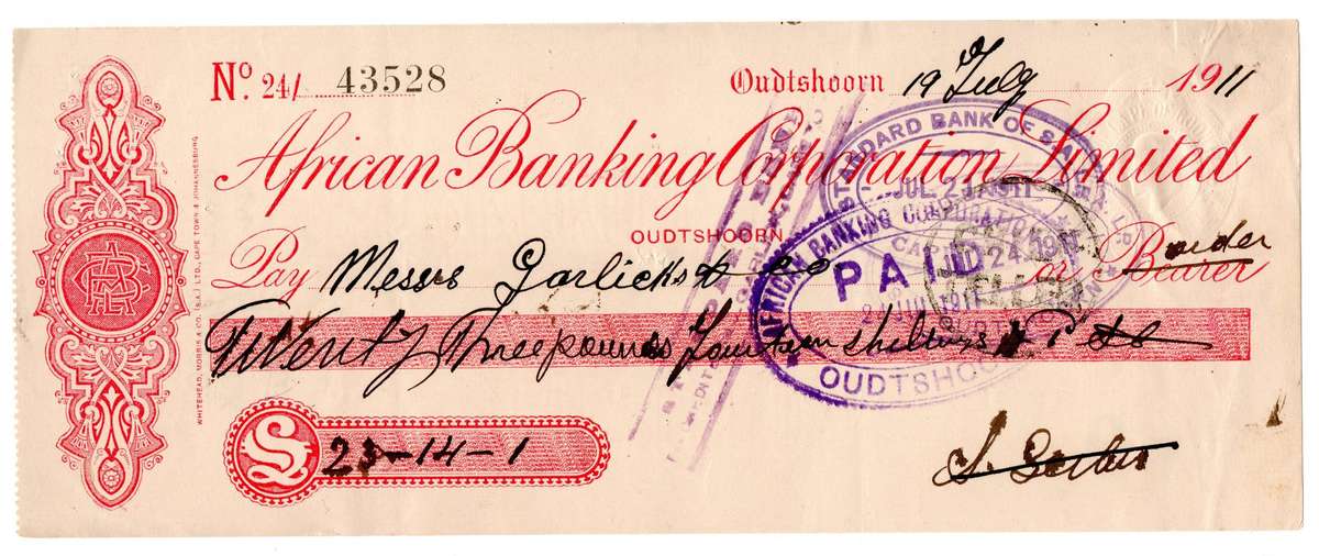1911 African Banking Corporation Limited Cheque Oudtshoorn, 23 Pounds 14 Shillings 1 Pence