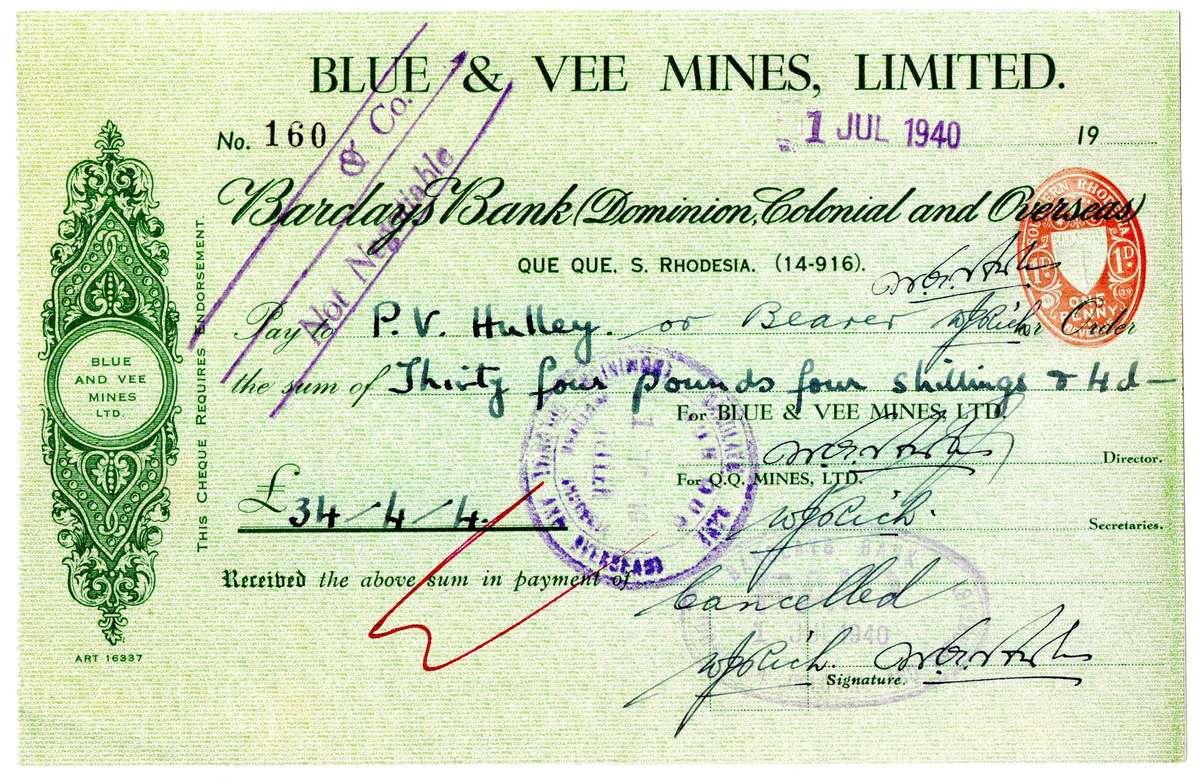1940 Southern Rhodesia, Barclays Bank - Blue & Vee Mines, Limited Cheque issued for £34, 4 Shillings