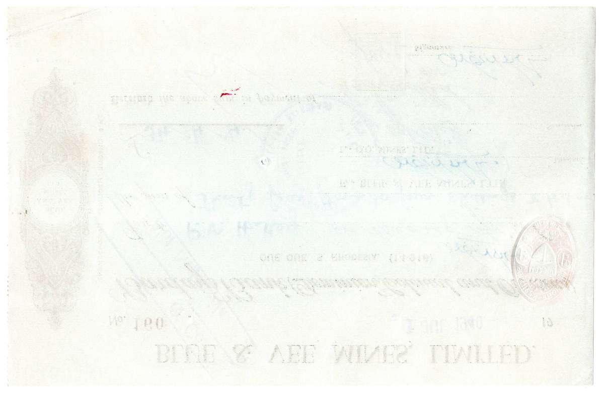 1940 Southern Rhodesia, Barclays Bank - Blue & Vee Mines, Limited Cheque issued for £34, 4 Shillings
