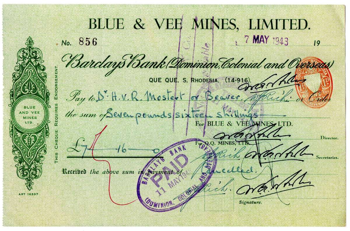 1943 Southern Rhodesia, Barclays Bank - Blue & Vee Mines, Limited Cheque issued for £7, 16 Shillings