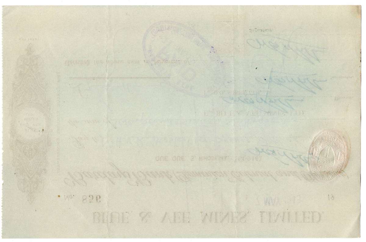 1943 Southern Rhodesia, Barclays Bank - Blue & Vee Mines, Limited Cheque issued for £7, 16 Shillings