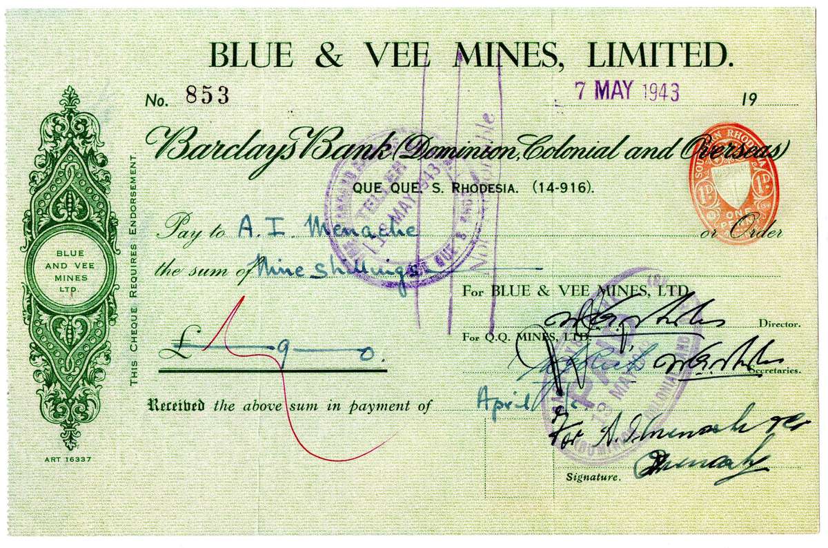 1943 Southern Rhodesia, Barclays Bank - Blue & Vee Mines, Limited Cheque issued for £0, 9 Shillings