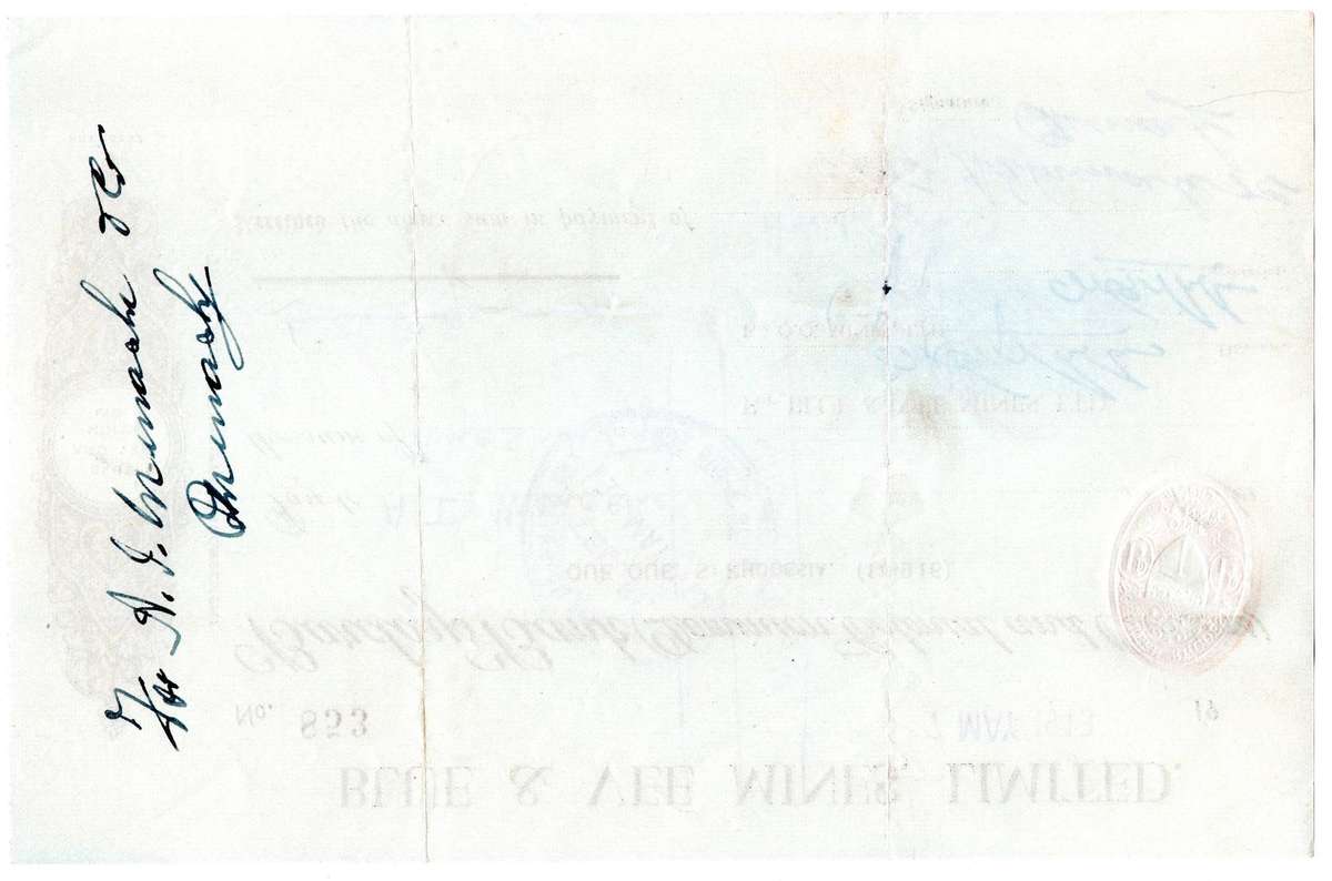 1943 Southern Rhodesia, Barclays Bank - Blue & Vee Mines, Limited Cheque issued for £0, 9 Shillings