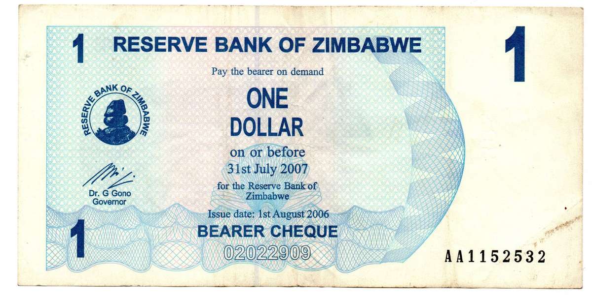 2006 Zimbabwe $1 Bearer Note Pick#37, Slight off centre printing