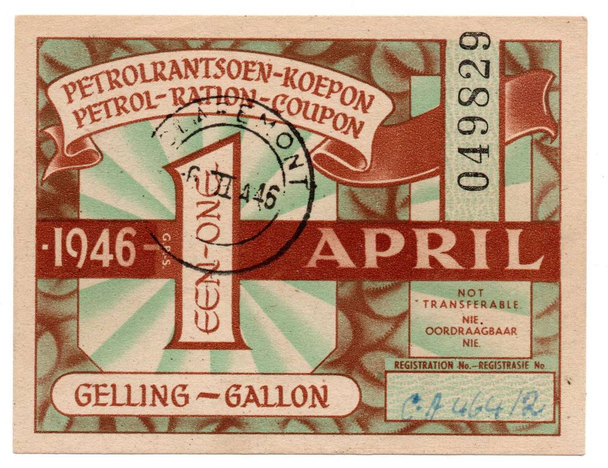 1946 South Africa Petrol Coupon 1 Gallons