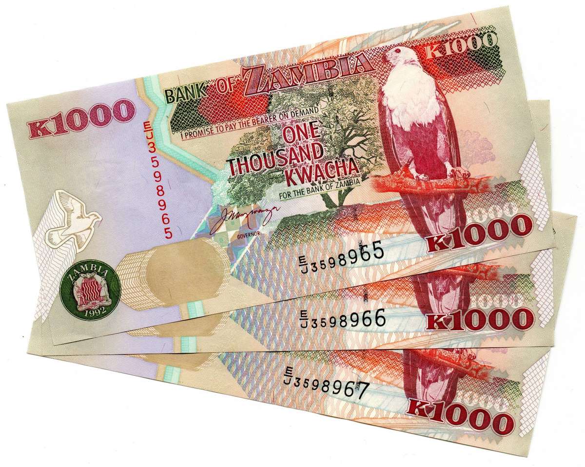Lot of 3 x 1992 Consecutive Zambia 1000 Kwacha "EJ3598965 to EJ3598967" Pick#40a