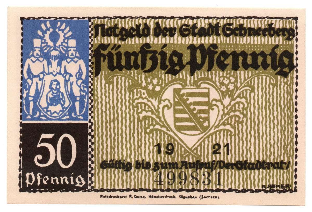 1921 German City of Schneeberg im Erzgebirge (Federal state of Saxony) Weimar Republic 50 Pfennig Lo