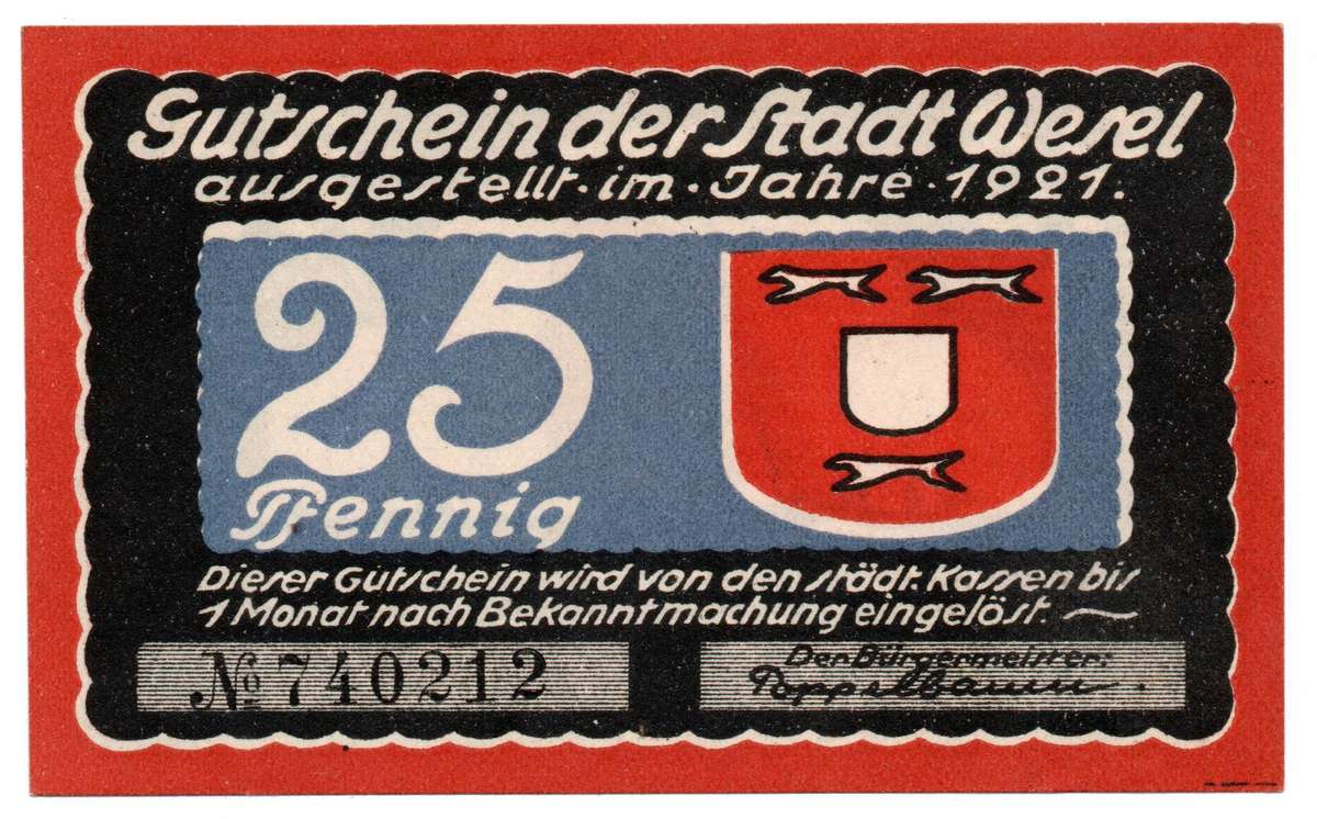 1921 German City of Wesel (Prussian province of Rhine) Weimar Republic 25 Pfennig Local Issue