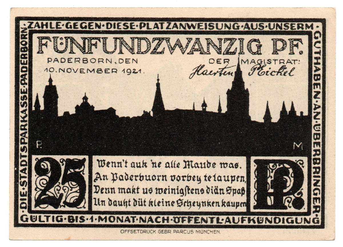 1921 German City of Paderborn (notgeld) (Prussian province of Westphalia) Weimar Republic 25 Pfennig