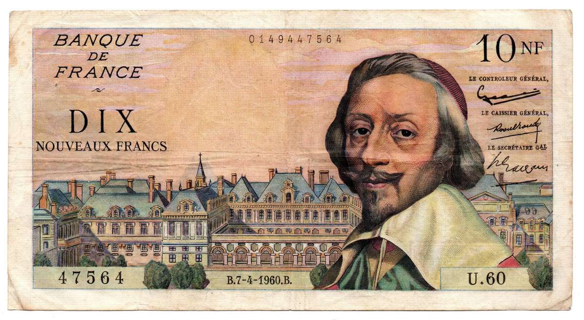 1960 France Nouveaux 10 Francs Pick#142a, multiple staple holes, folds