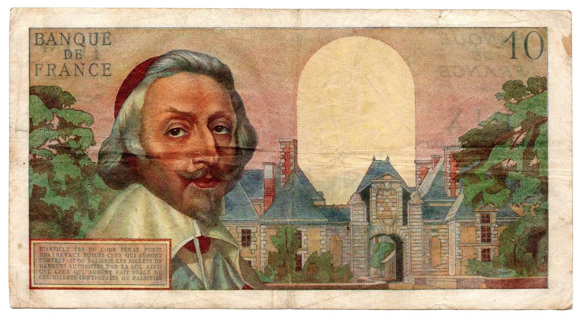 1960 France Nouveaux 10 Francs Pick#142a, multiple staple holes, folds