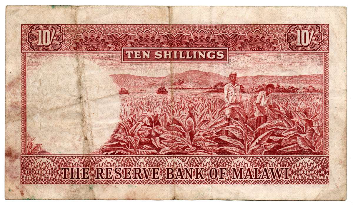 1964 Malawi Reserve Bank Issue 10 Shillings Pick#2, vertical folds