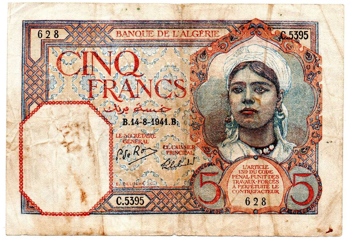 1941 Algeria 5 Francs Pick#77a, stains, top center edge tear