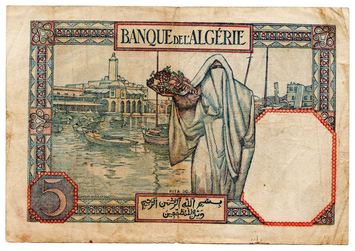 1941 Algeria 5 Francs Pick#77a, stains, top center edge tear