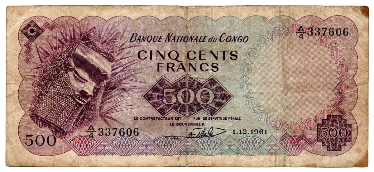 1961 Congo National Bank Issue 500 Francs, Pick#7a, folds and stains