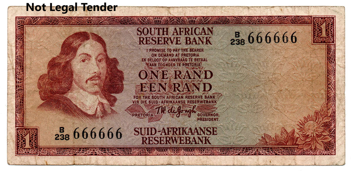 1973 South Africa Type 9 TW De Jongh Second Issue R1, Solid Serial #666666, well circulated
