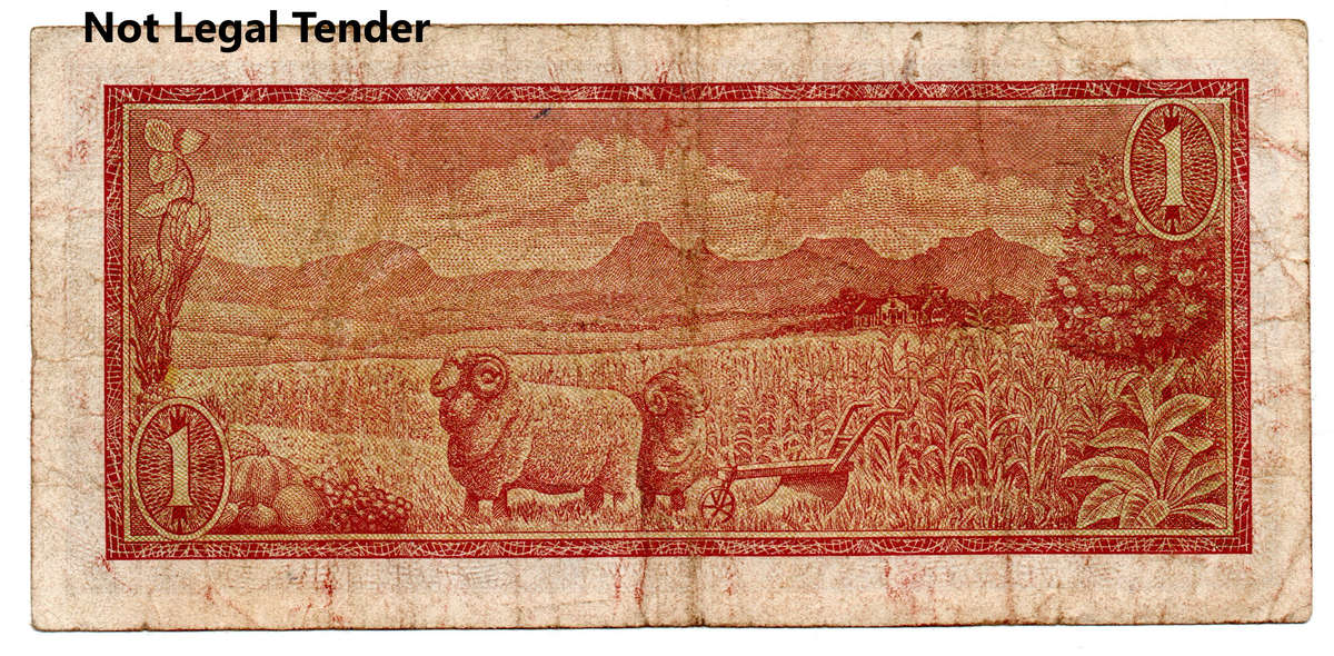 1973 South Africa Type 9 TW De Jongh Second Issue R1, Solid Serial #666666, well circulated