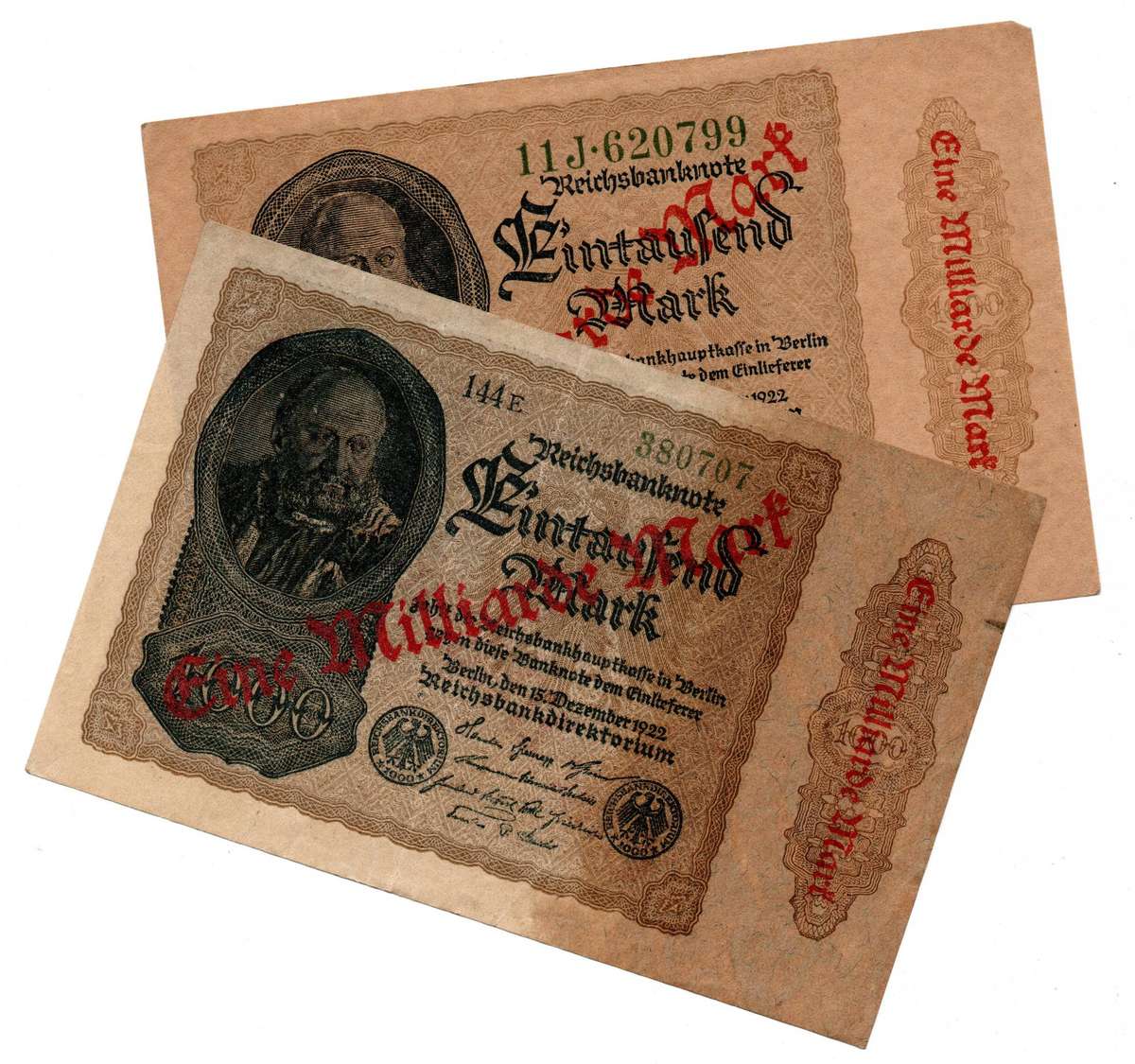 1922 German Berlin 1 Million Mark Overtsamped 1000 Mark, Pair of Varieties: (1) Watermark: small cru