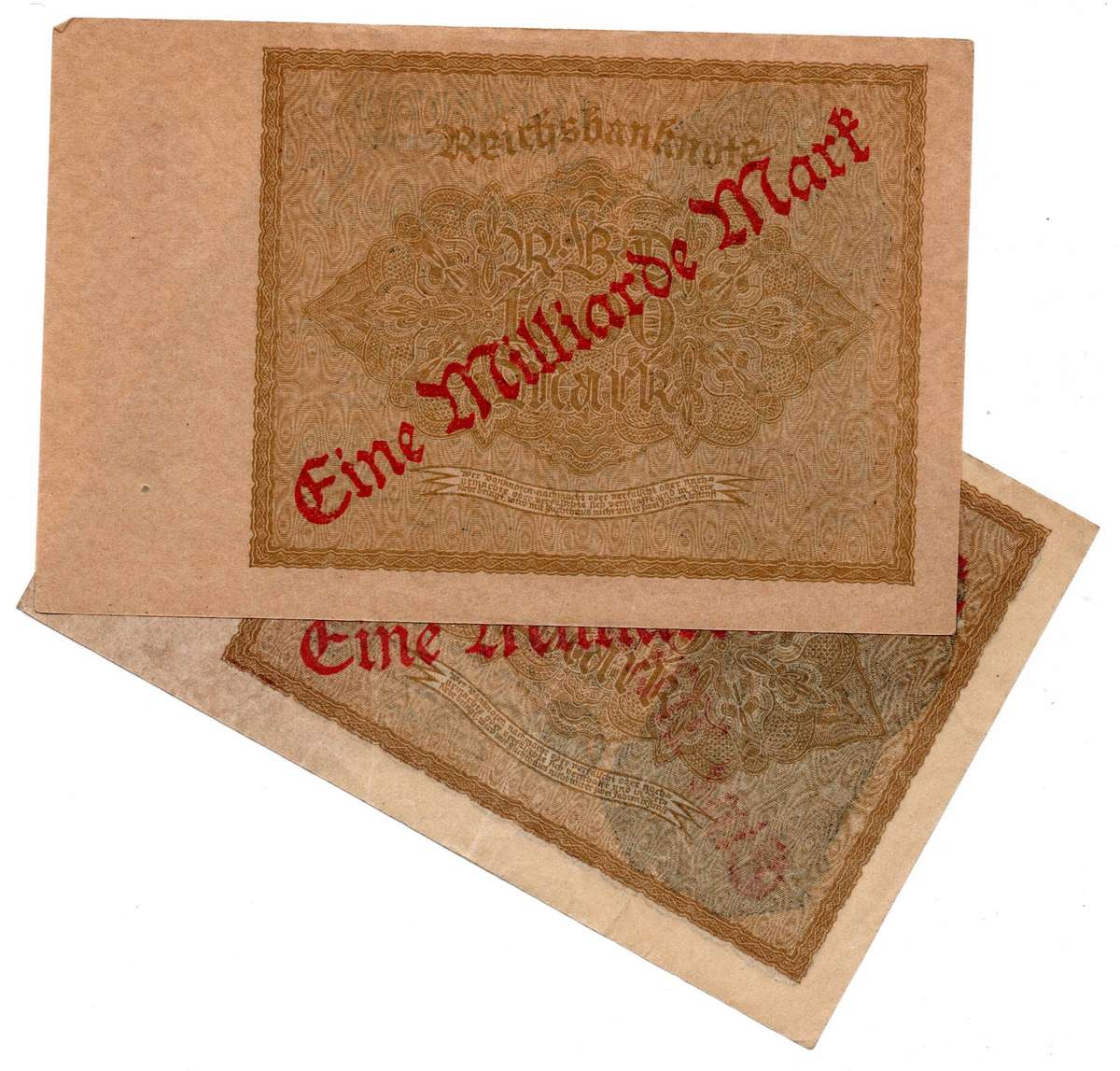 1922 German Berlin 1 Million Mark Overtsamped 1000 Mark, Pair of Varieties: (1) Watermark: small cru