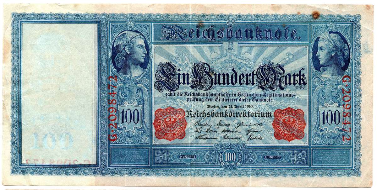 1910 German Berlin Reichsbanknote 100 Mark, Pair of Seal Varieties: Green and Red Seal Pick#42/43, f