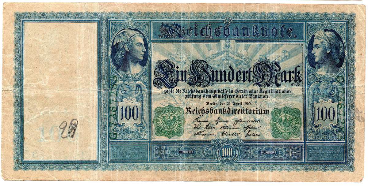 1910 German Berlin Reichsbanknote 100 Mark, Pair of Seal Varieties: Green and Red Seal Pick#42/43, f