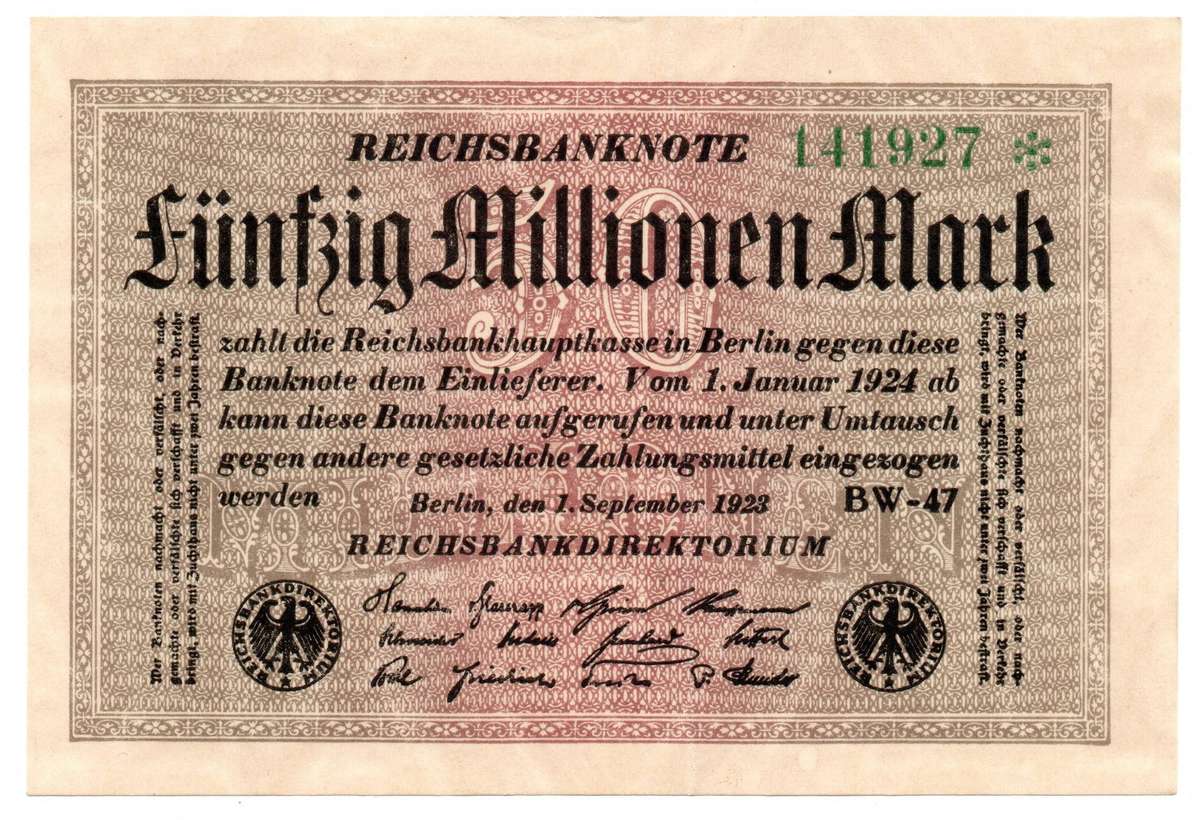 1923 German Reichsbank 50 Million Mark Star Replacement with un-catalogued watermark, D within 6-poi