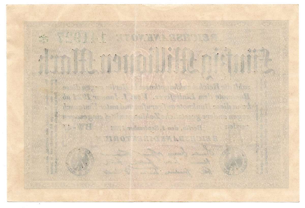 1923 German Reichsbank 50 Million Mark Star Replacement with un-catalogued watermark, D within 6-poi