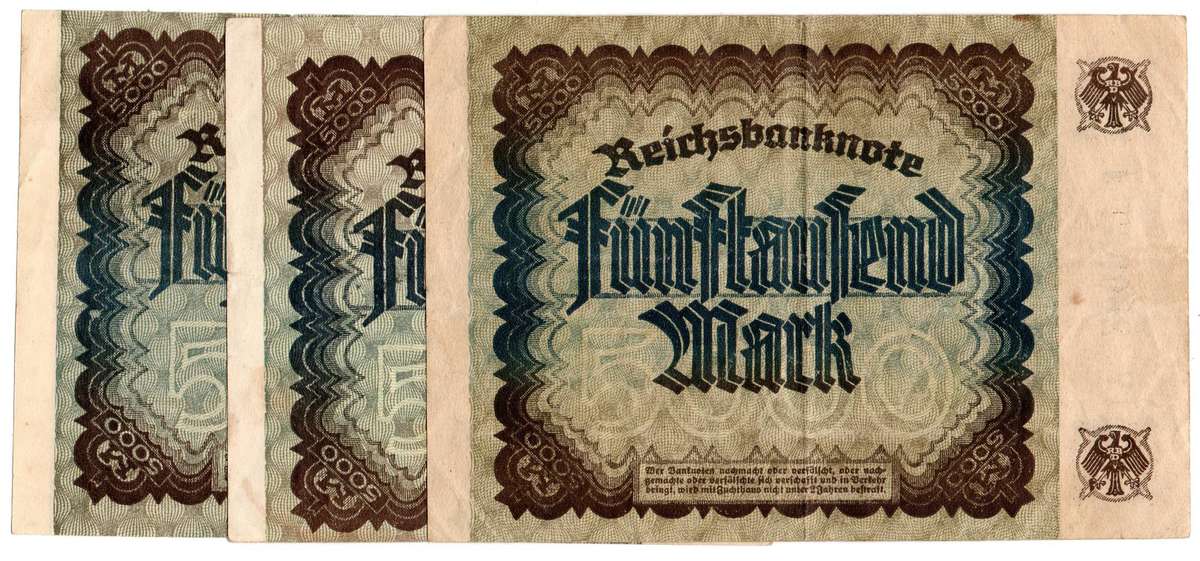1922 German Reichsbank 5000 Mark, Trio of watermark varieties: D within 6-pointed stars (Folds), Rep