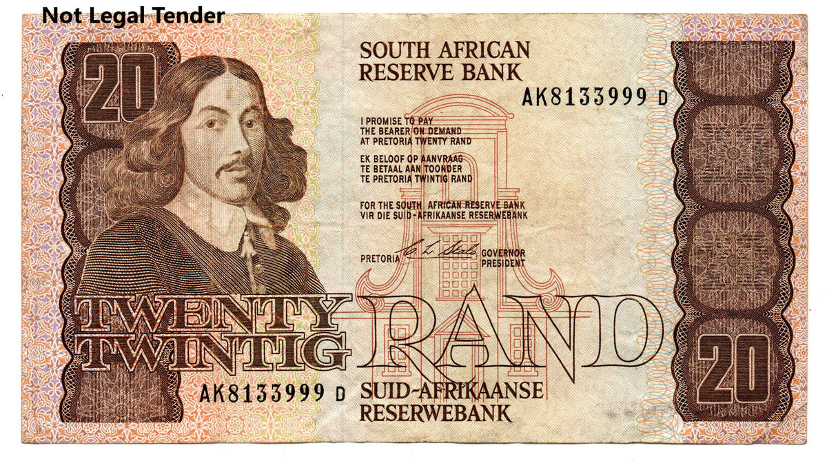 Error 1984 South Africa Type 6 CL Stals Third Issue R20 Slight off-centre print