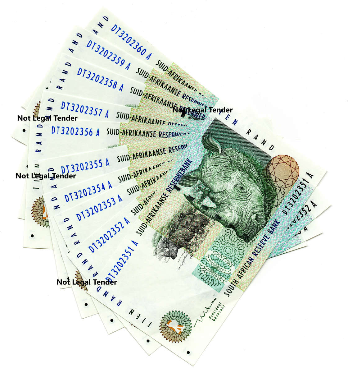 Lot of 10 x 1999-2004 Consecutive South Africa Type 18 T Mboweni First Issue R10's "DT3202351 to DT3