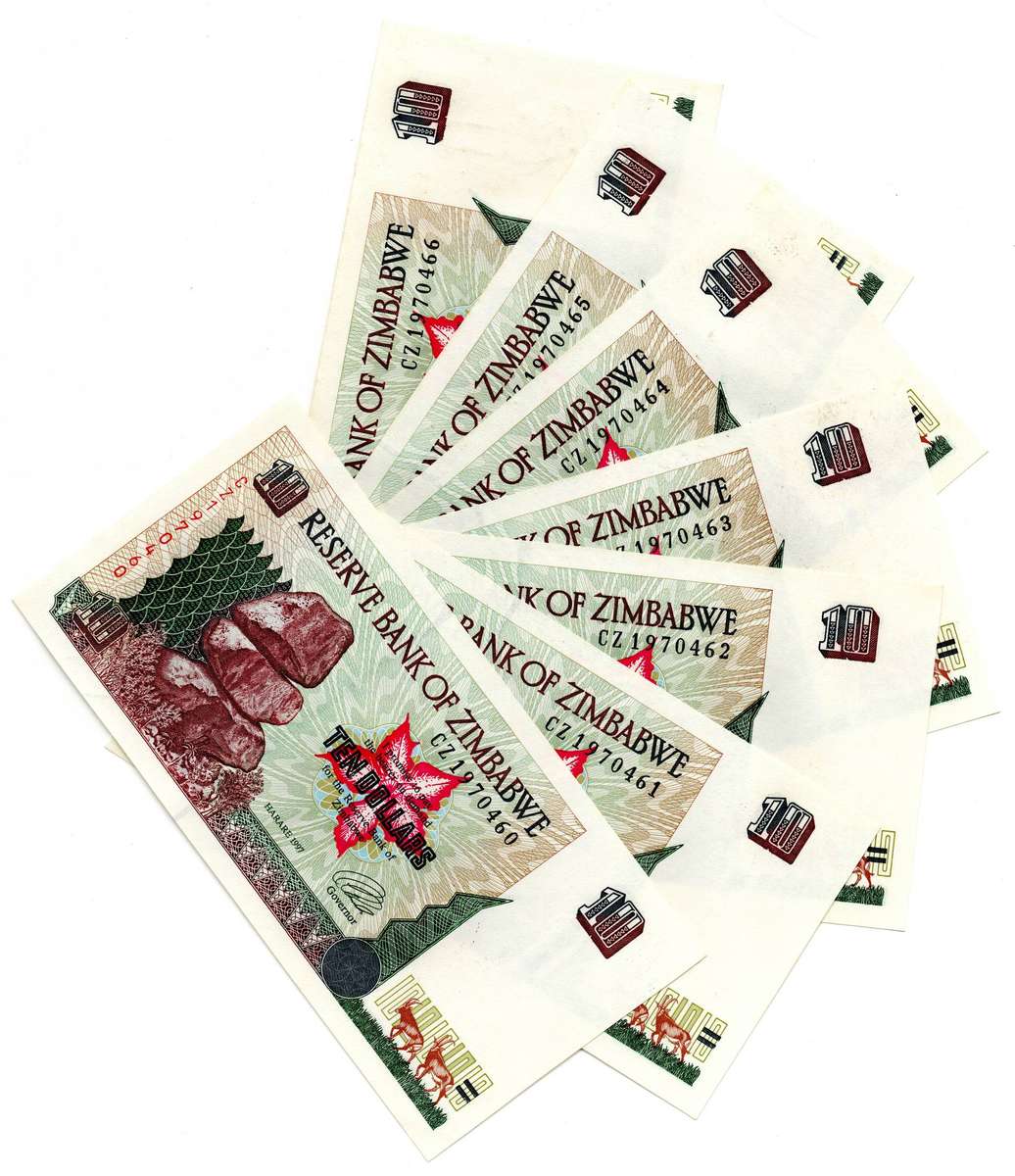 Lot of 15 x Consecutive 1997 Zimbabwe 10 Dollars "CZ1970460 to CZ1970474" Pick#6a