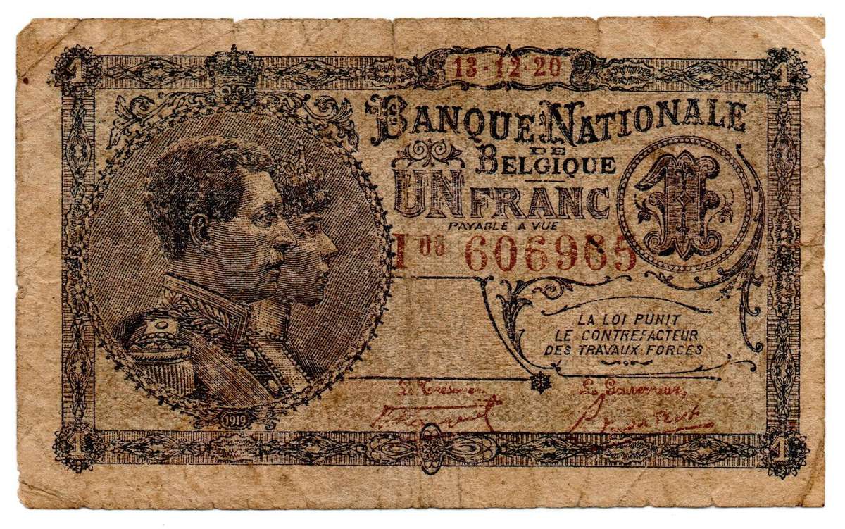 1920 Belgium 1 Franc Pick#92 right and top edge tears, corner folds 1 tiny pinhole