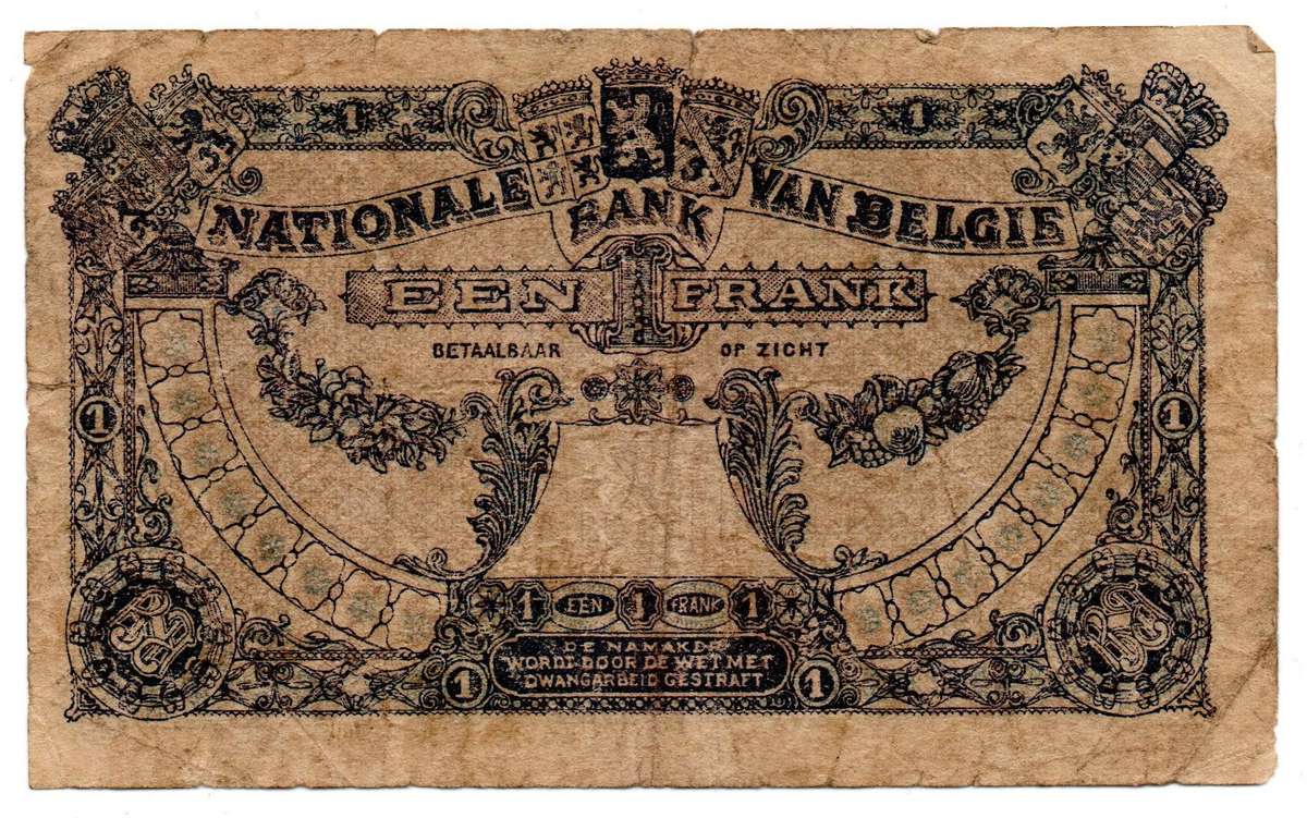1920 Belgium 1 Franc Pick#92 right and top edge tears, corner folds 1 tiny pinhole