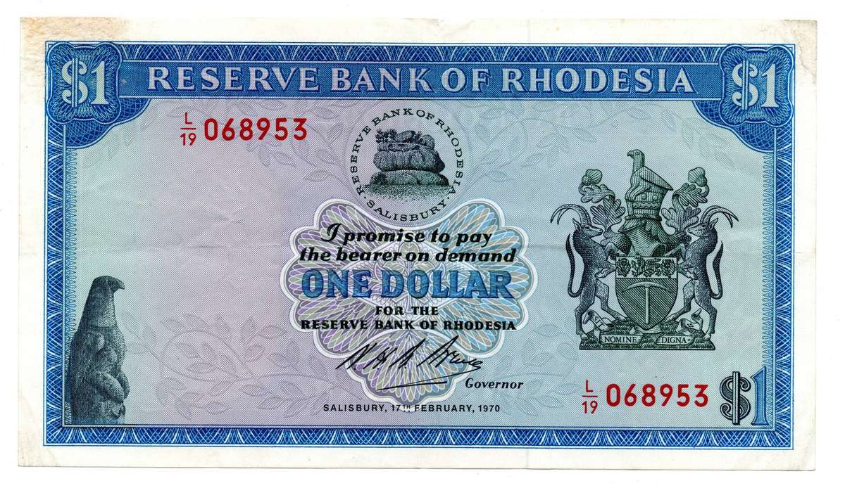 1970 Rhodesia 1 Dollar Pick#30a minor fold lines and top left corner stain