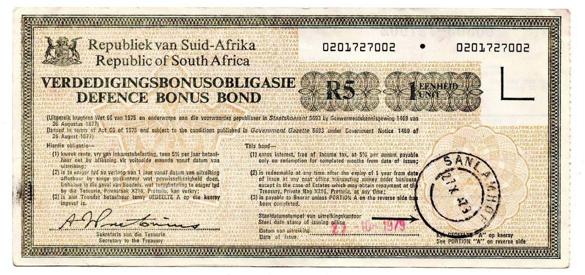 1979 South Africa R5 Defense Bonus Bond, Sanlamhof Stamp, un-named, 2 pinholes
