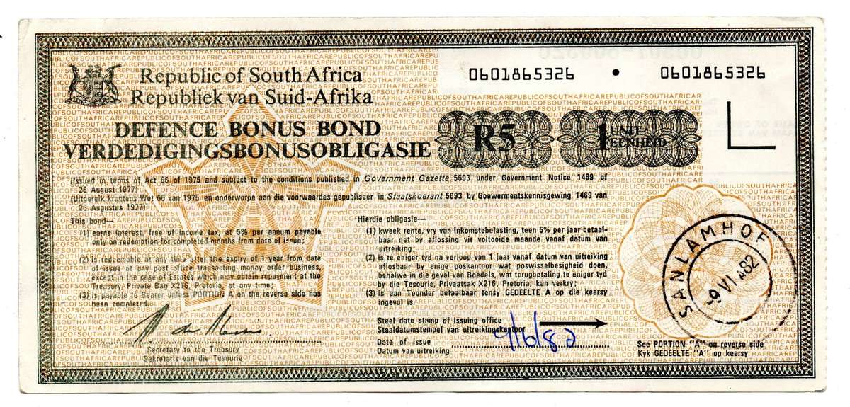 1982 South Africa R5 Defense Bonus Bond, Sanlamhof Stamp, "J.M Conradie" fold