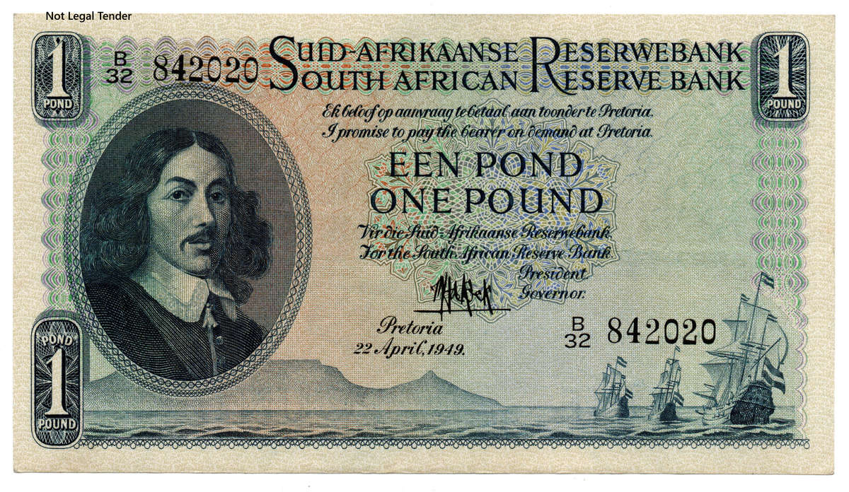 1949 Printed on Thinner Paper between B29/B39 South Africa MH De Kock Type 9 Second Issue 1 Pound