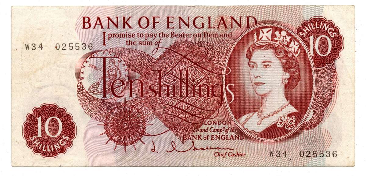 1962-66 Great Britain Bank of England J. Q. Hollom 10 Shilling Pick#373b vertical folds