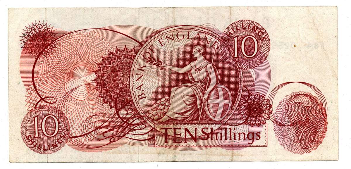 1962-66 Great Britain Bank of England J. Q. Hollom 10 Shilling Pick#373b vertical folds
