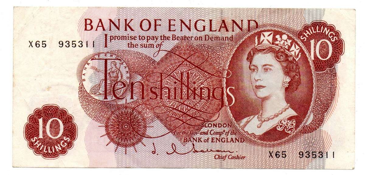 1962-66 Great Britain Bank of England J. Q. Hollom 10 Shilling Pick#373b vertical folds