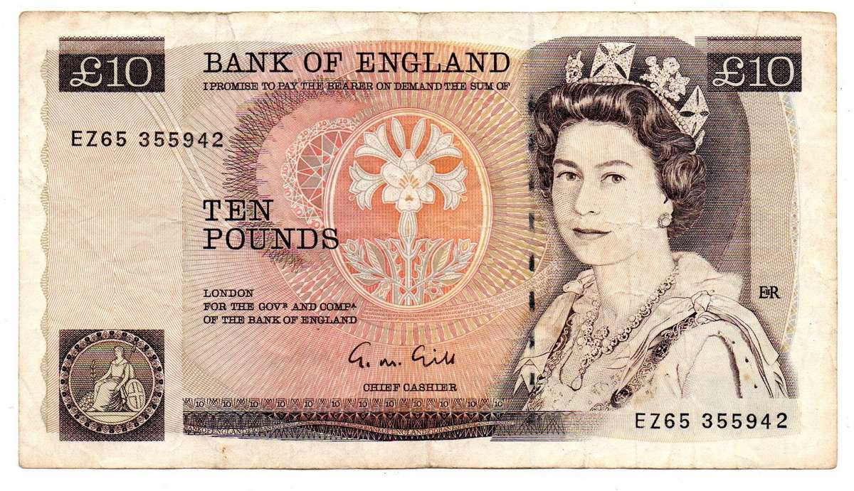 1988-91 Great Britain Bank of England 10 Pound G. M. Gill Pick#379e vertical fold