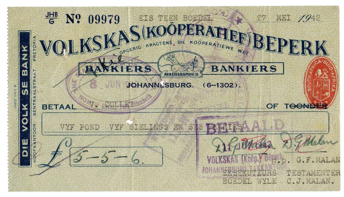 1942 Volkskas (Kooperatief) Beperk Cheque, Johannesburg, 5 Pounds, 5 Shillings and 6 Pence from C. J