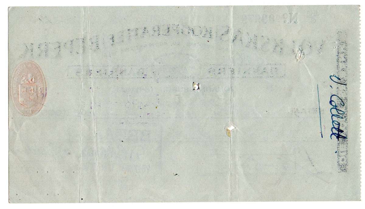 1942 Volkskas (Kooperatief) Beperk Cheque, Johannesburg, 5 Pounds, 5 Shillings and 6 Pence from C. J